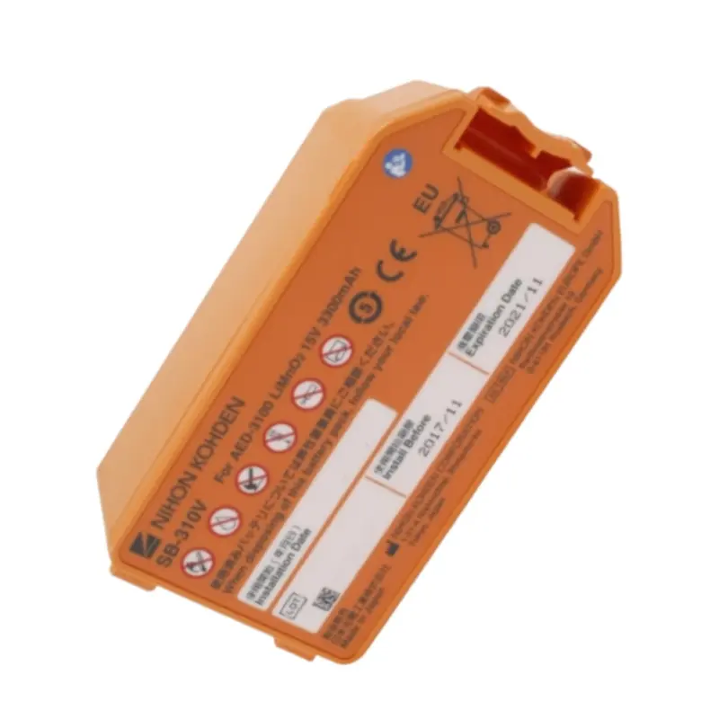 Batería naranja original Nihon Kohden SB-310V para desfibrilador AED-3100 con especificaciones técnicas impresas.