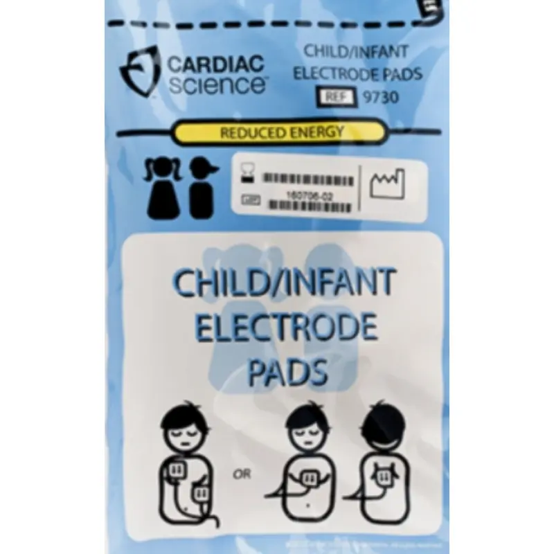 Envase sellado de electrodos pediátricos Cardiac Science Powerheart G3 con instrucciones gráficas de colocación.