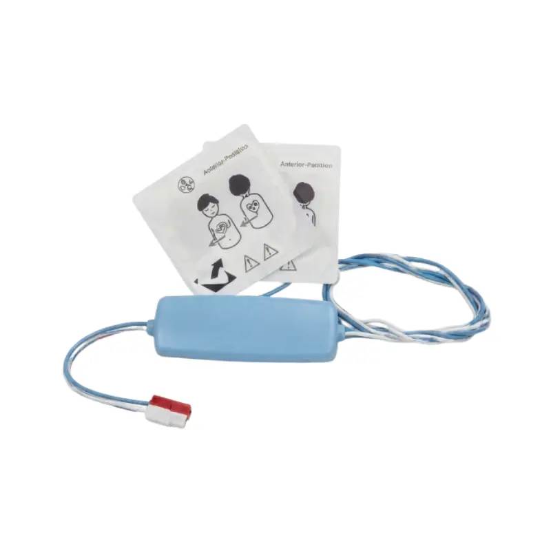 Electrodos pediátricos Cardiac Science Powerheart G3 con cables blancos, conector rojo y caja de control azul.