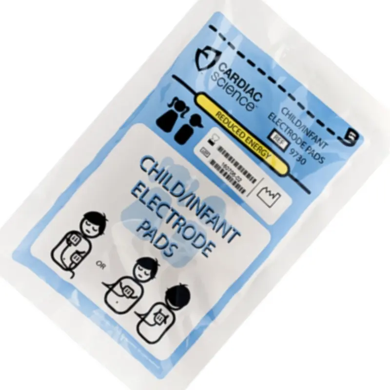 Envase sellado de electrodos pediátricos Cardiac Science Powerheart G3 con instrucciones gráficas de colocación.