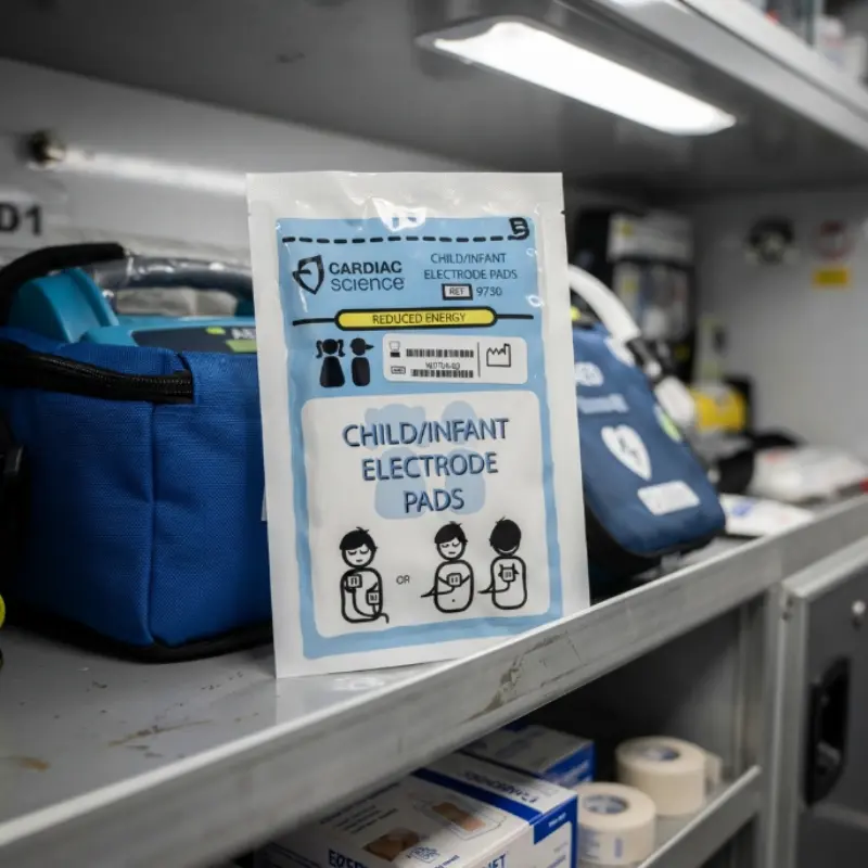 Envase de electrodos pediátricos Cardiac Science Powerheart G3 ubicado en el estante de un armario sanitario junto a equipos de desfibrilación.