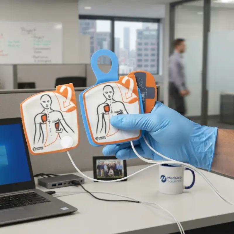Mano con guante azul sosteniendo electrodos de adulto con sensor CPRD junto a una mesa de oficina con ordenador y taza.