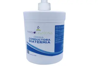 Envase blanco de crema conductora de un kilo sobre fondo claro, empleado en tratamientos de diatermia y fisioterapia.