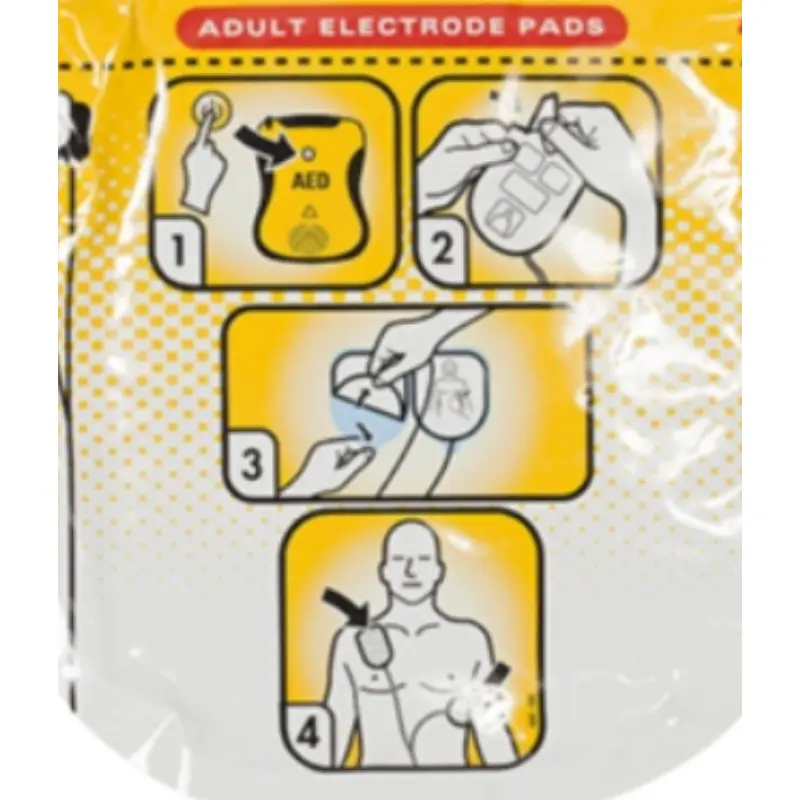 Pictogramas impresos en el envase de Defibtech Lifeline View electrodos adulto que detallan los pasos de conexión y aplicación anatómica.