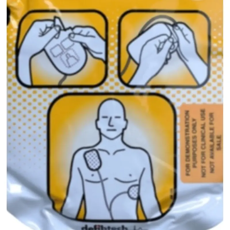 Pictogramas impresos en el envase de Defibtech Lifeline View electrodos de adulto con instrucciones de uso.