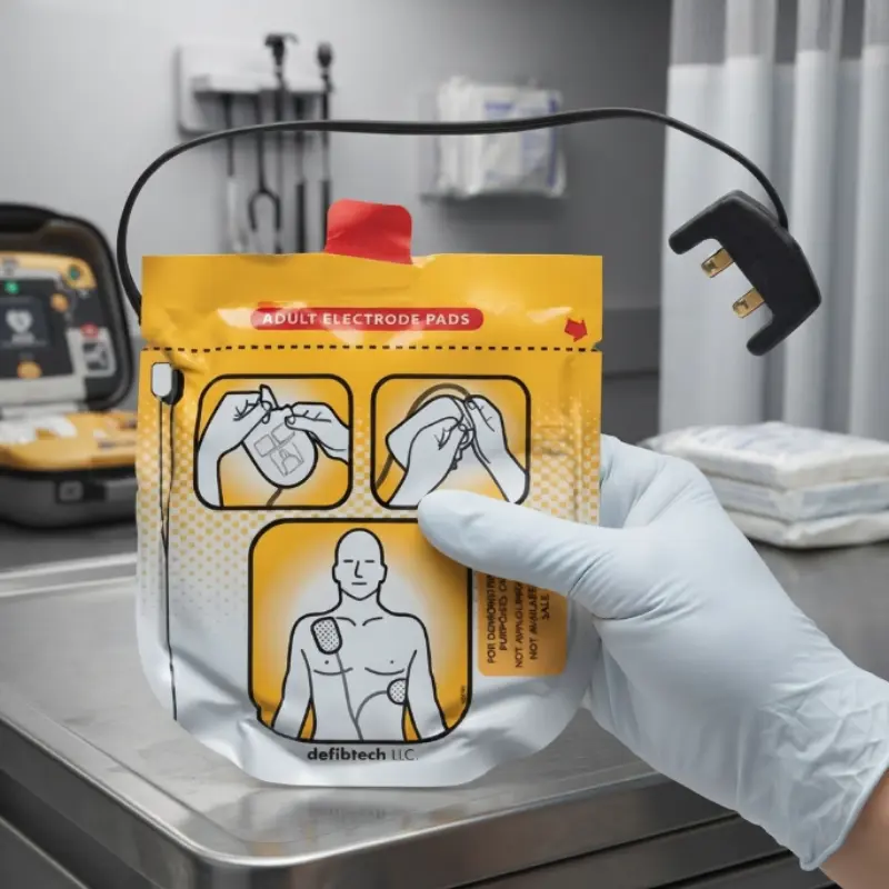 Mano con guante clínico sostiene un envase de electrodos de adulto Defibtech Lifeline View con un desfibrilador de fondo.