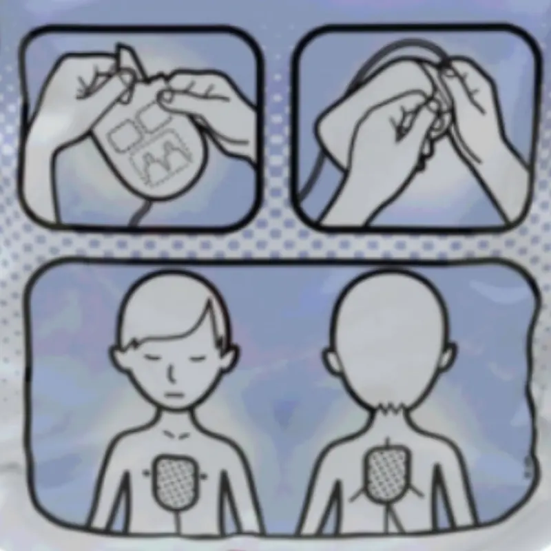 Pictogramas impresos en el envase de Defibtech Lifeline View electrodos pediátricos que muestran su colocación.