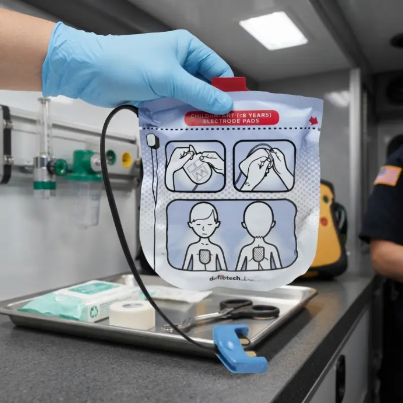 Personal sanitario con guantes azules sostiene el envase de electrodos pediátricos Defibtech Lifeline View dentro de una ambulancia.