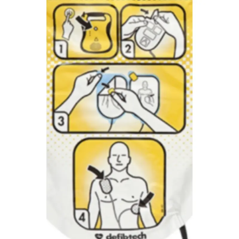 Instrucciones gráficas en cuatro pasos sobre el envase de los electrodos de adulto para Defibtech Lifeline.