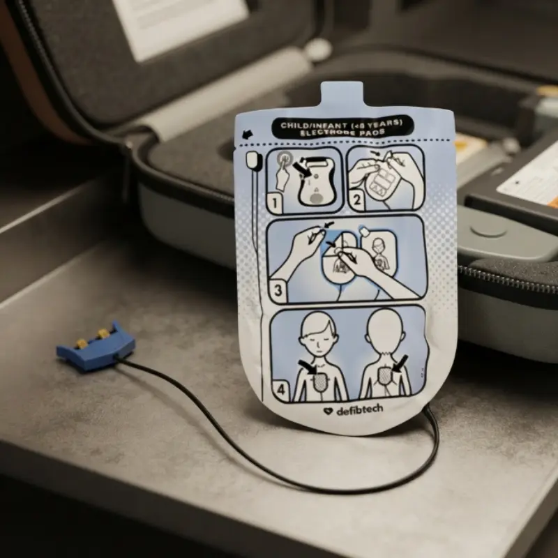 Sobre sellado de electrodos pediátricos Defibtech Lifeline con conector azul sobre la superficie de un maletín médico.
