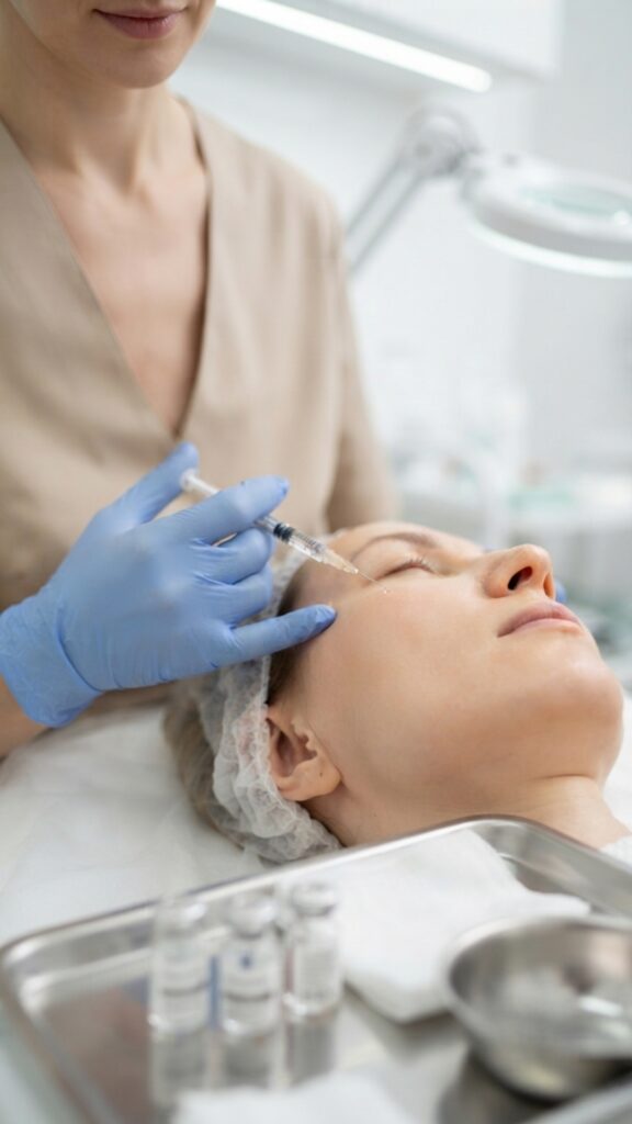 Esteticista aplicando mesoterapia facial con aguja de alta precisión en un entorno clínico profesional.