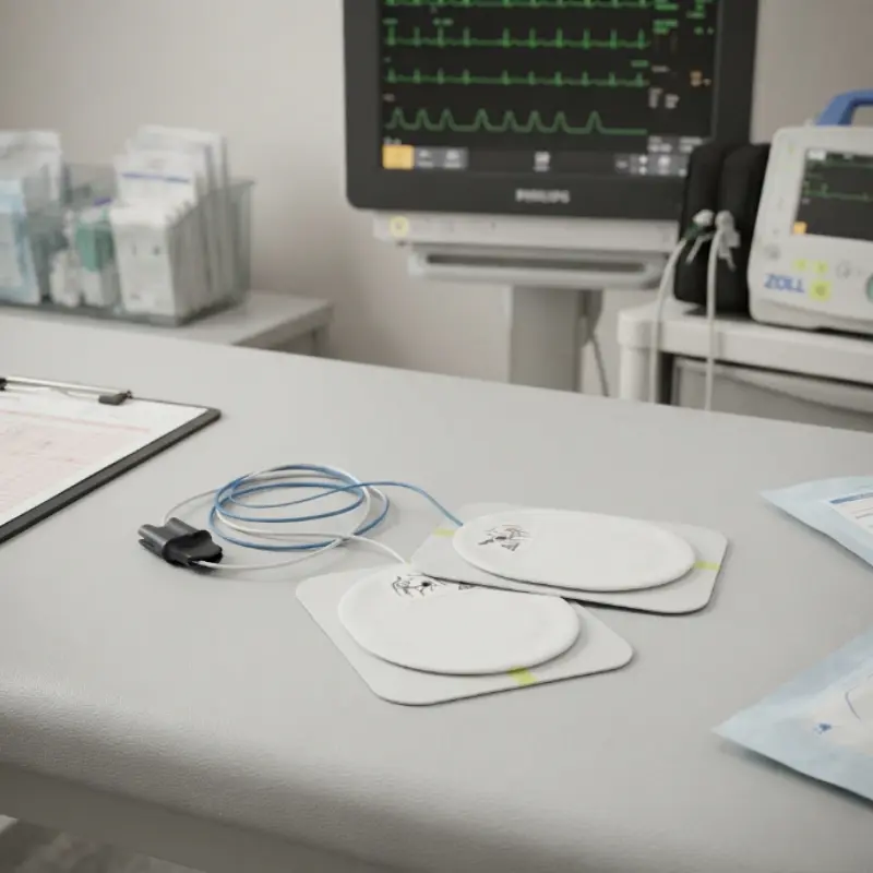 Electrodos de desfibrilación adulto Saver One sobre una mesa en una consulta con un monitor de constantes al fondo.