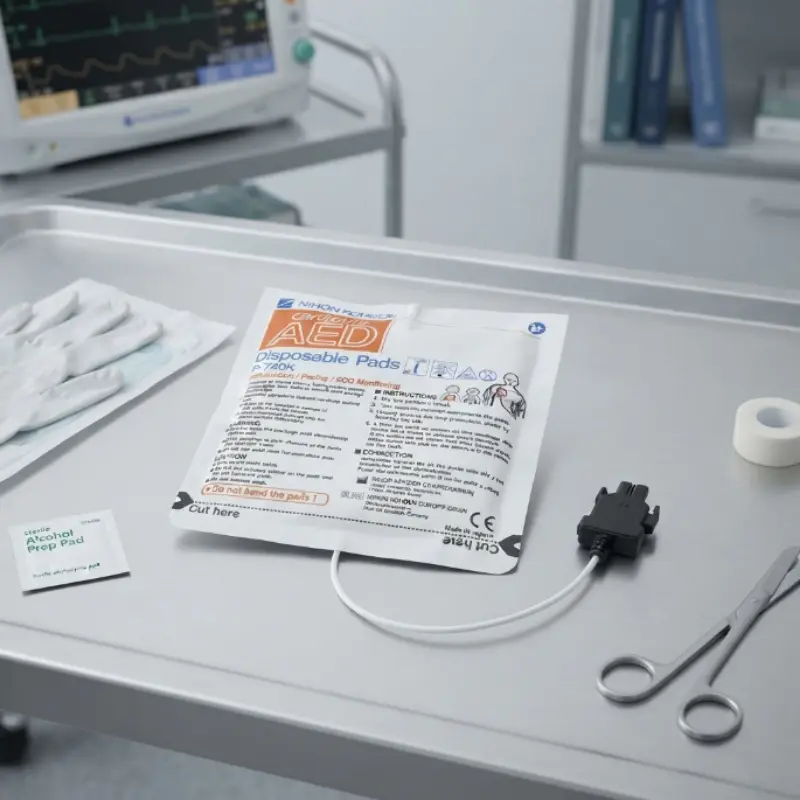 Sobre de electrodos Nihon Kohden Cardiolife junto a material médico sobre una mesa de acero inoxidable.