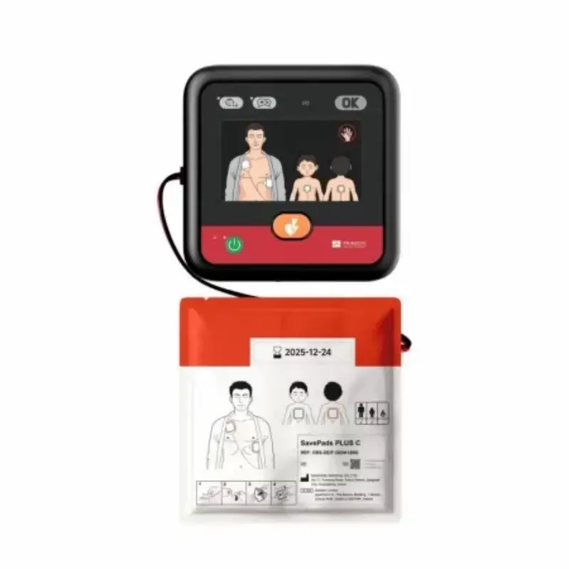 Dispositivo desfibrilador conectado por cable a un sobre de electrodos Primedic HeartSave myPAD sellado.
