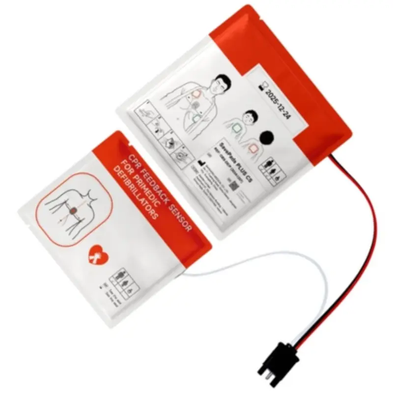Sobres sellados de electrodos Primedic HeartSave myPAD con sensor de RCP integrado, cable y conector negro.