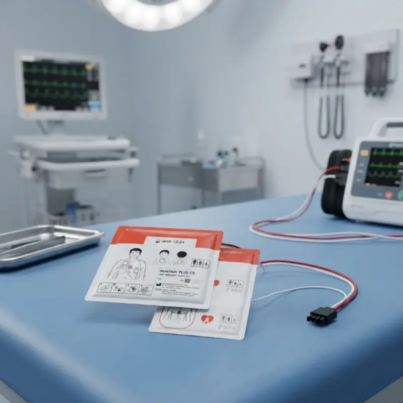 Sobres sellados de electrodos Primedic HeartSave myPAD sobre una mesa azul en una sala clínica con monitor y camilla.