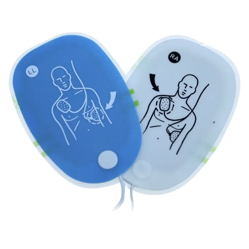Par de electrodos de adulto para desfibrilador AMOUL i3 con gráficos de colocación sobre fondo blanco.