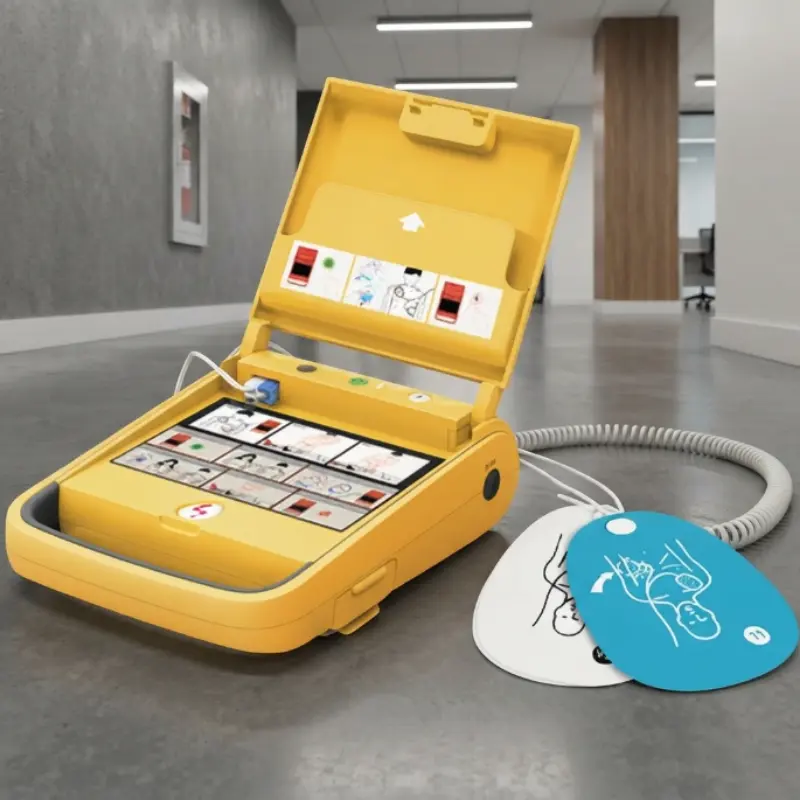 Desfibrilador externo amarillo AMOUL i3 abierto sobre el suelo de un pasillo de oficina con electrodos conectados.