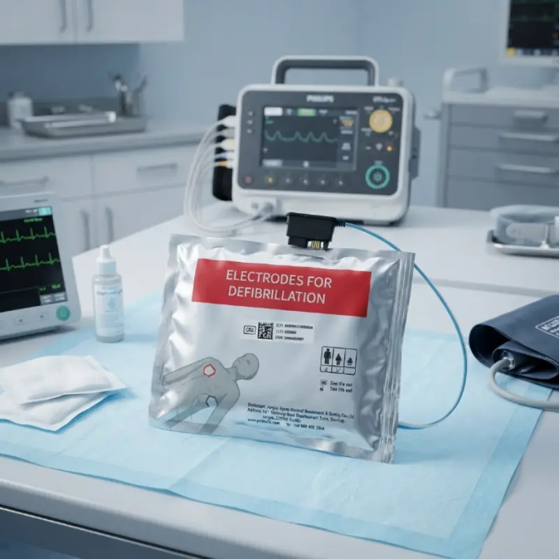 Envase de electrodos adulto/pediátrico Primedic HeartSave sobre un paño azul en una consulta junto a un desfibrilador.