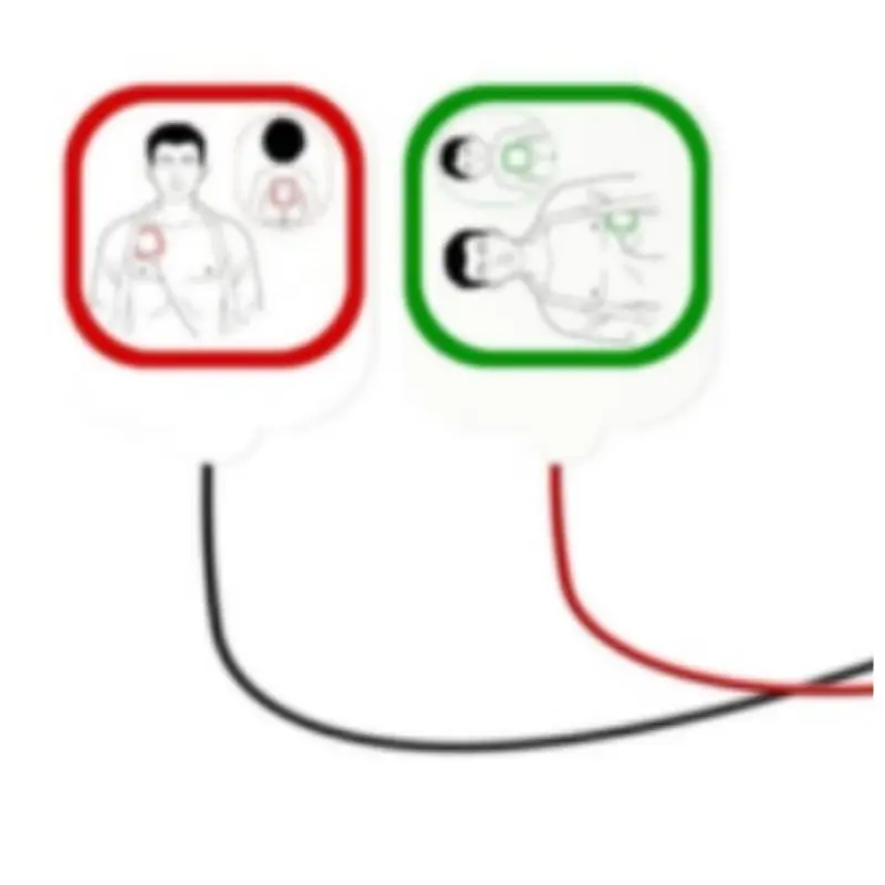Esquema gráfico impreso en los electrodos multifuncionales Primedic HeartSave myPAD con las posturas de colocación pectoral y pediátrica.