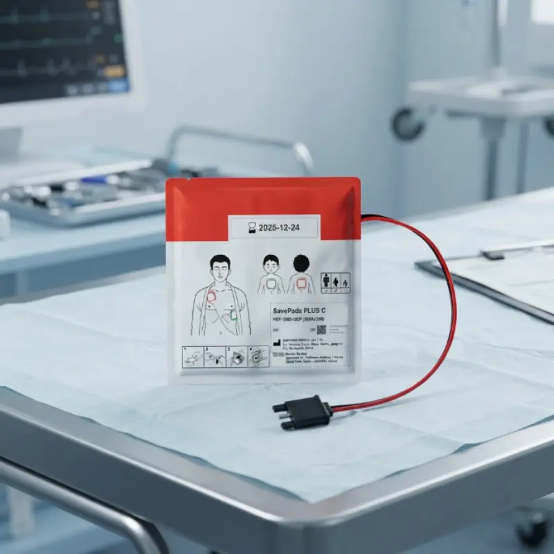 Envase sellado de electrodos multifuncionales Primedic HeartSave myPAD sobre una mesa clínica con instrumental al fondo.