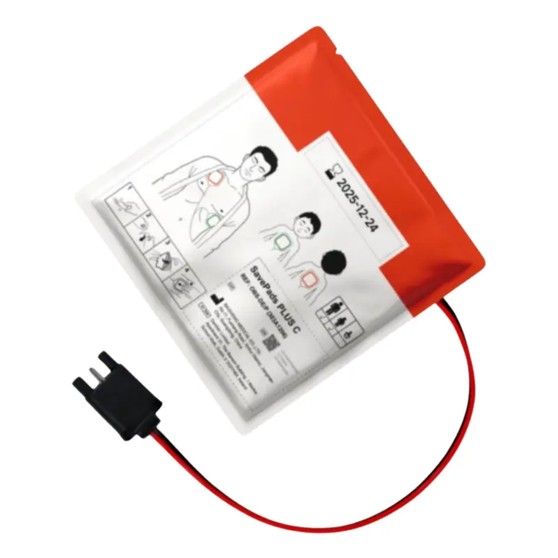 Envase sellado de electrodos multifuncionales Primedic HeartSave myPAD con cable y conector negro.
