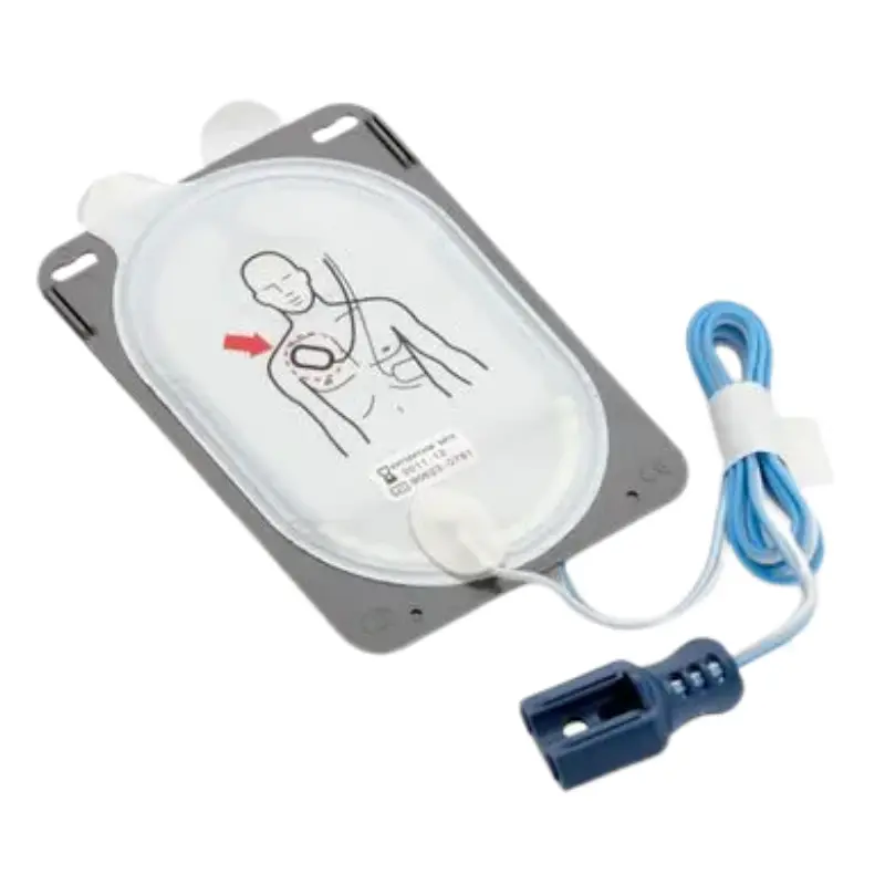 Electrodos para adultos Philips Heartstart FR3 SMART III con soporte rígido, cable y conector azul.