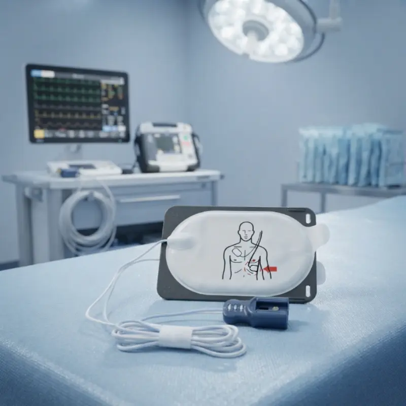 Electrodos para adultos Philips Heartstart FR3 SMART III sobre una camilla clínica con monitor y lámpara quirúrgica al fondo.