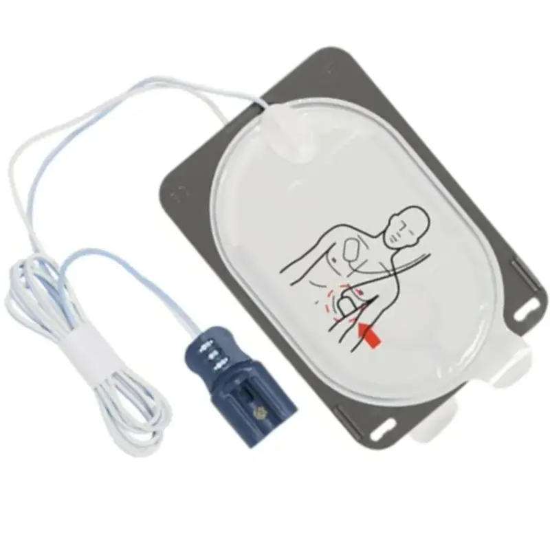 Electrodos para adultos Philips Heartstart FR3 SMART III con soporte rígido, cable y conector azul.