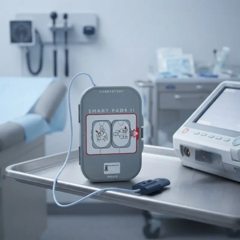 Cartucho de electrodos Philips Heartstart FRx SMART II situado sobre una bandeja de instrumental médico en consulta.