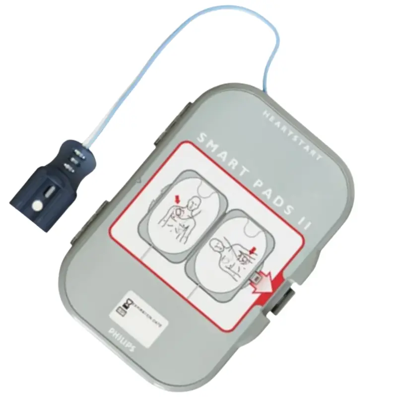 Cartucho gris de electrodos Philips Heartstart FRx SMART II para adultos con cable azul y conector.