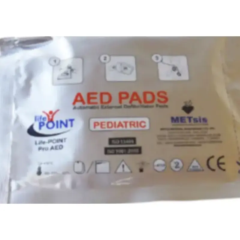 Envoltorio metalizado de electrodos pediátricos Life-Point Pro con etiquetas de certificación y símbolos normativos.