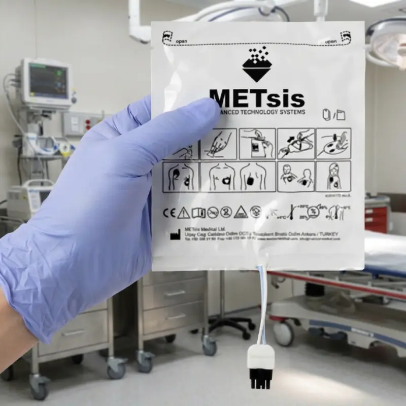 Personal sanitario con guantes azules sostiene el empaque de electrodos pediátricos Life-Point Pro frente a una sala de hospital.