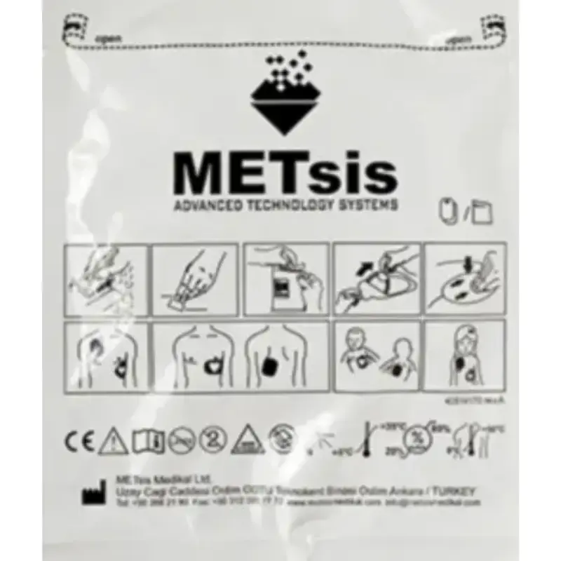 Envase sellado de electrodos pediátricos Life-Point Pro con instrucciones gráficas impresas en la superficie.