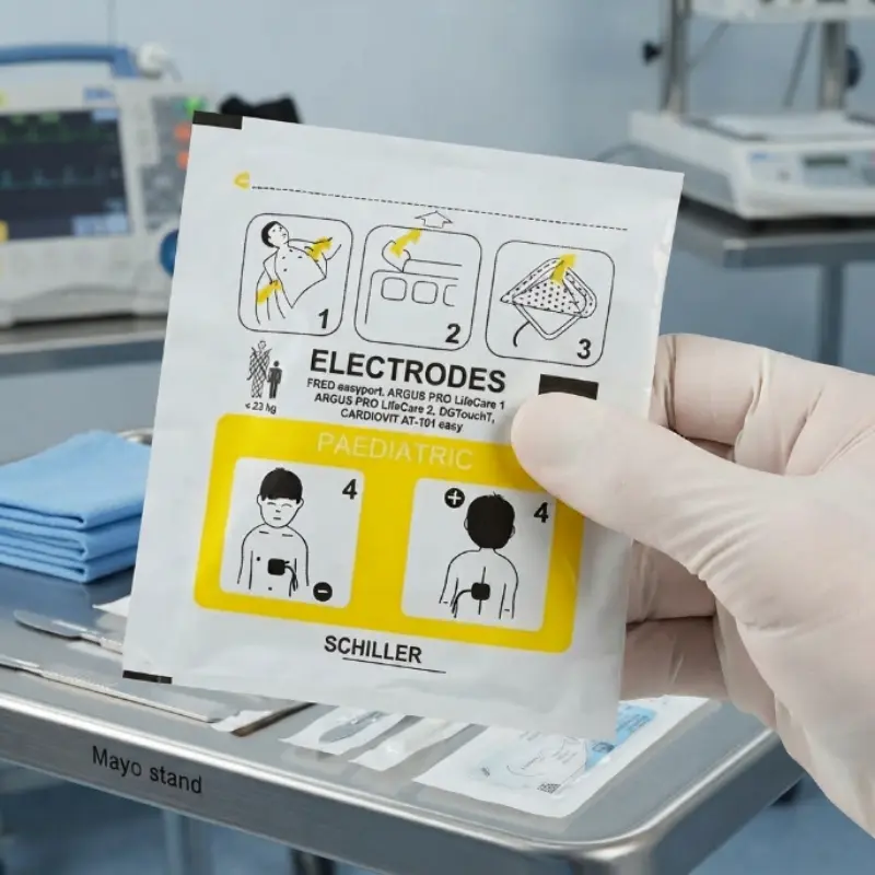 Persona con guante blanco sujeta el envase de los electrodos pediátricos Schiller Fred Easyport en una consulta médica.