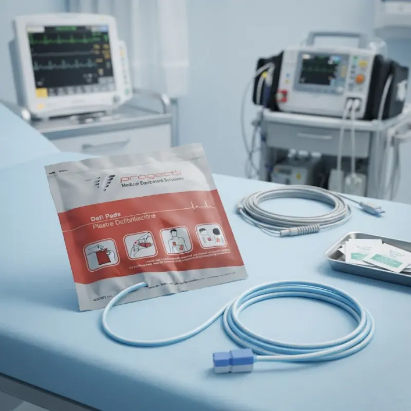 Envase de electrodos preconectados Rescue Sam Progetti sobre una camilla azul en una sala con monitores médicos al fondo.