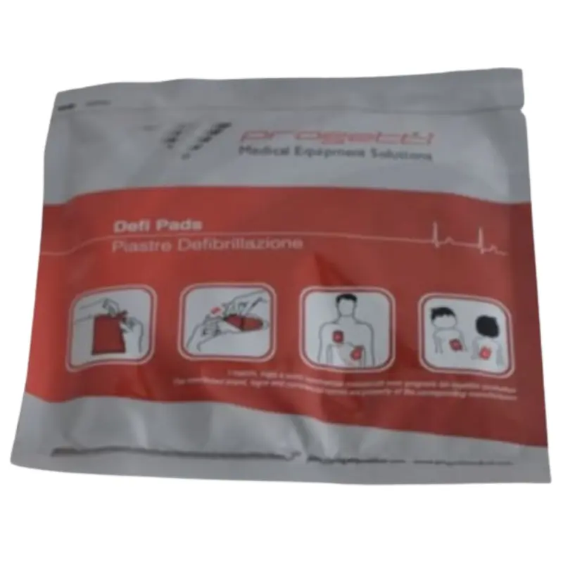 Bolsa sellada de electrodos preconectados Rescue Sam Progetti con instrucciones gráficas de colocación.