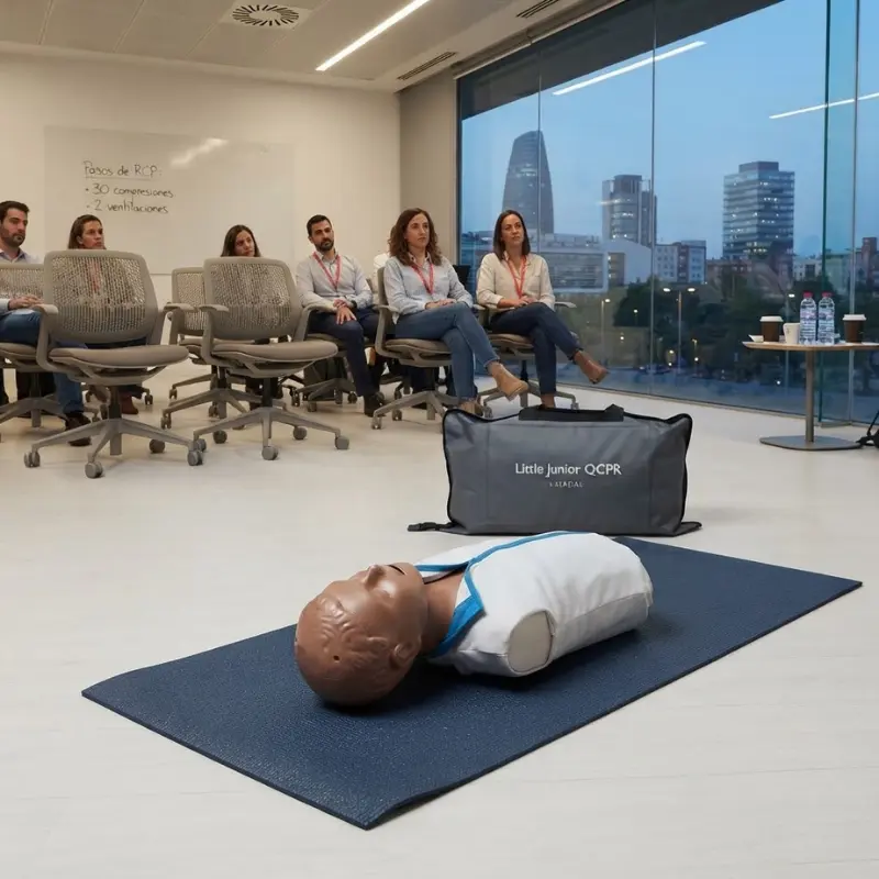 Maniquí pediátrico de RCP Laerdal Little Junior QCPR tendido en esterilla azul frente a un grupo de profesionales en formación en una sala.