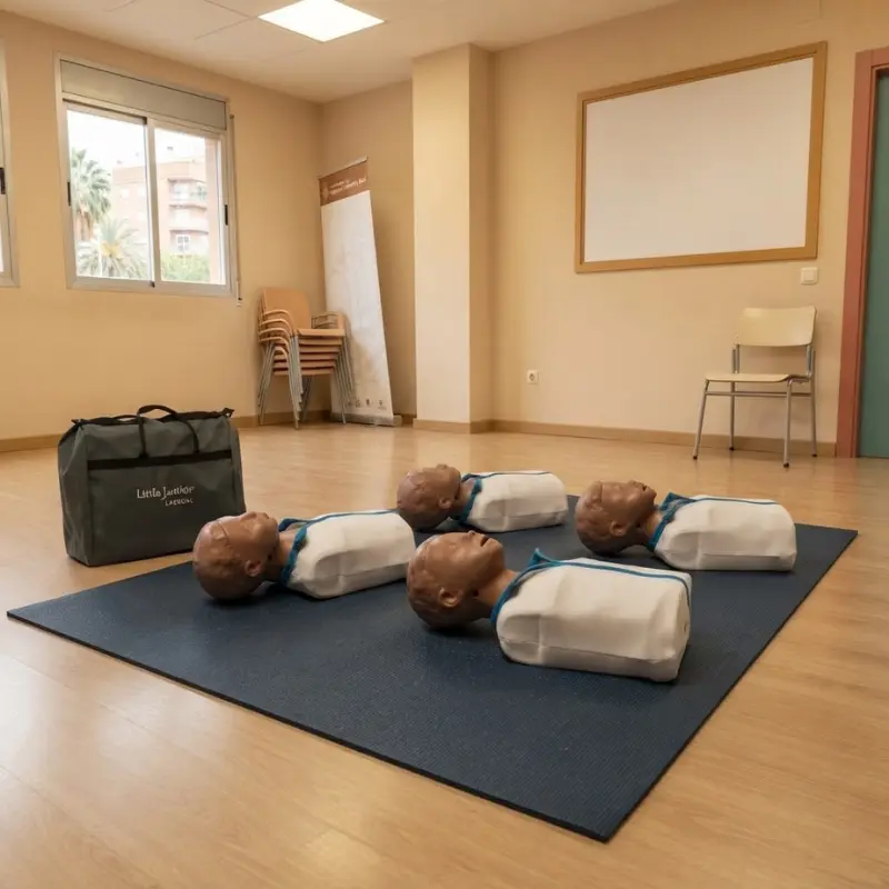 Cuatro maniquíes pediátricos de RCP Laerdal Little Junior QCPR sobre una esterilla azul en una sala de formación con bolsa de transporte.
