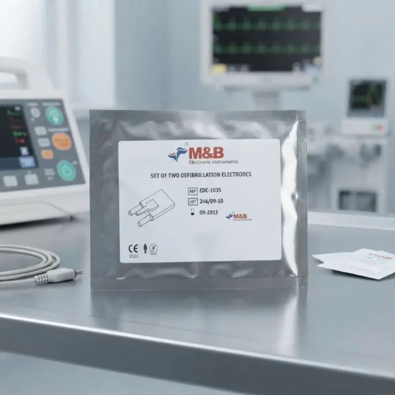 Sobre metalizado de electrodos M&B AED 7000 sobre una mesa de acero inoxidable en una sala clínica.