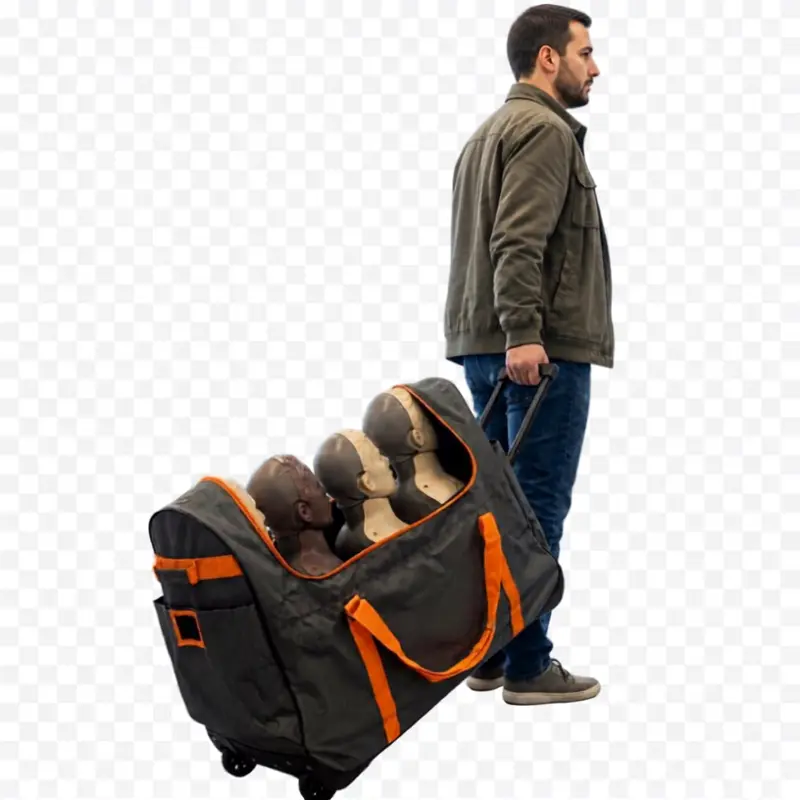 Hombre con chaqueta verde arrastrando la maleta de transporte con ruedas y maniquíes Brayden.