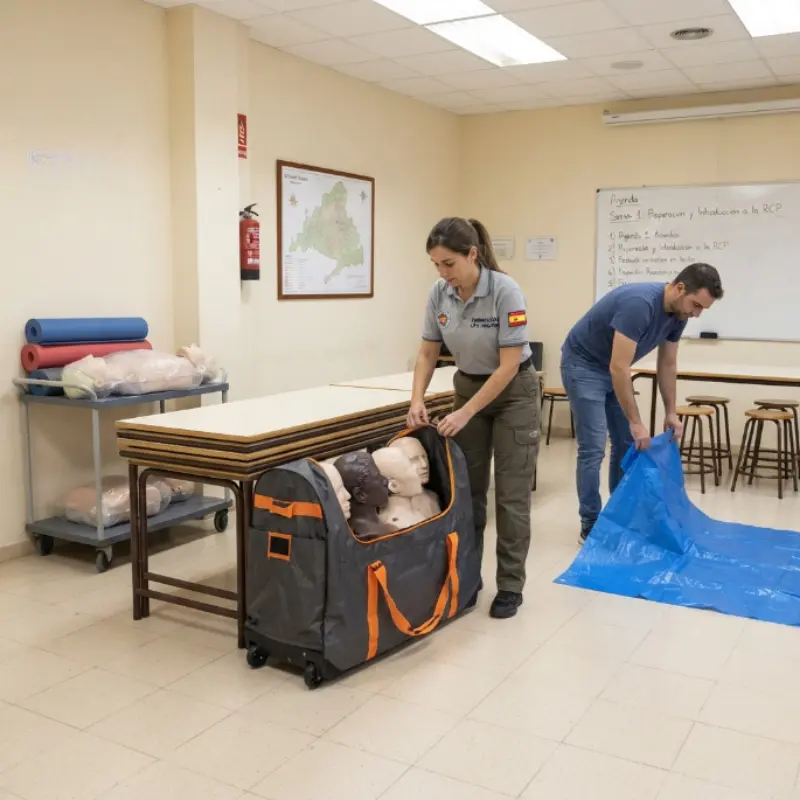 Personal sanitario abriendo la maleta con ruedas junto a una lona azul y camillas en el aula de formación.