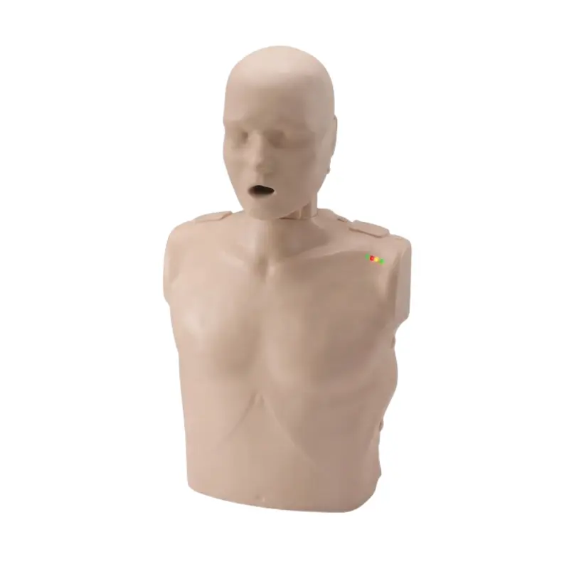 Maniquí de RCP para adultos Serie Prestan 2000 de tono claro con monitor LED de realimentación sobre fondo blanco.