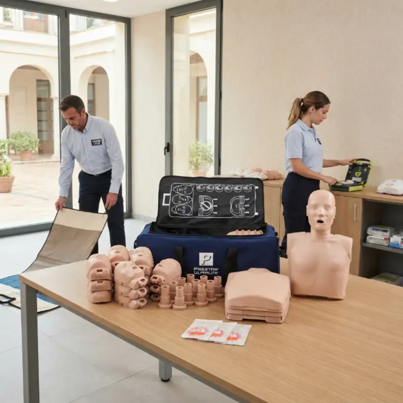 Instructores sanitarios preparando un aula de formación con alfombrillas de prácticas, bolsa azul y maniquíes Prestan Ultralite.