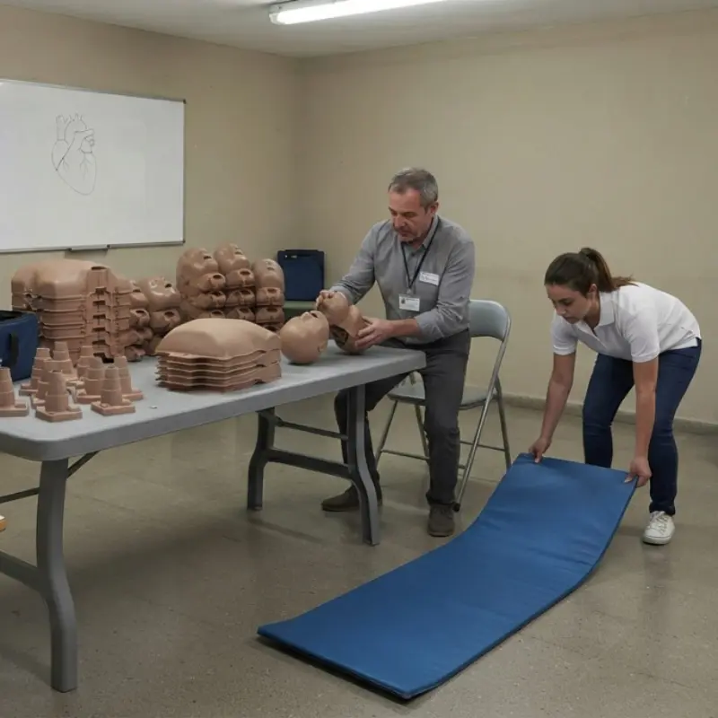 Instructores sanitarios desplegando una alfombrilla de entrenamiento y preparando maniquíes de RCP Prestan Ultralite en una sala.