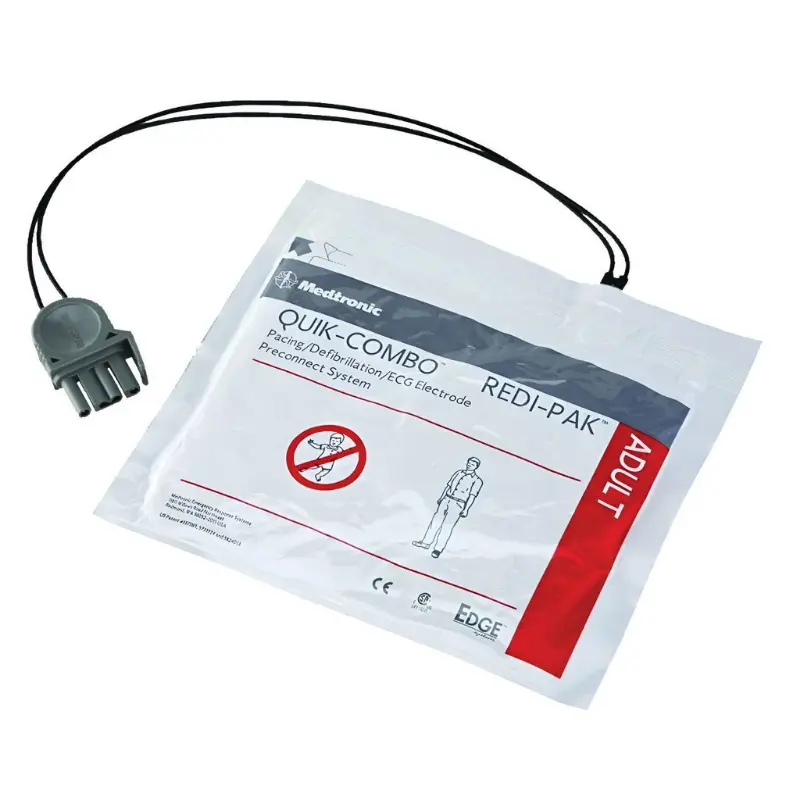 Envase sellado de Physio-Control Lifepak Quick-Combo electrodos adulto con cable y conector negro.