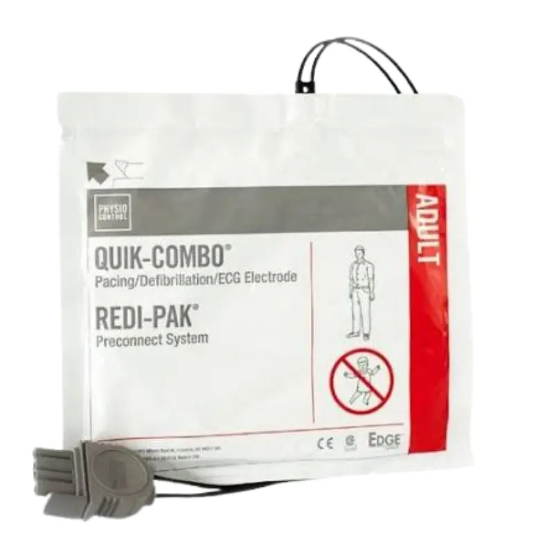 Envase sellado de Physio-Control Lifepak Quick-Combo electrodos adulto con cable y conector negro.