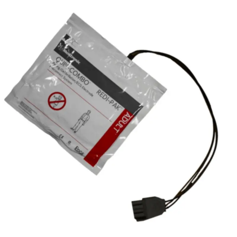 Envase sellado de Physio-Control Lifepak Quick-Combo electrodos adulto con cable y conector negro.