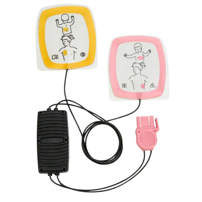 Electrodos pediátricos Physio-Control Lifepak Redipak con bordes rosa y amarillo, cables y conector rosa.