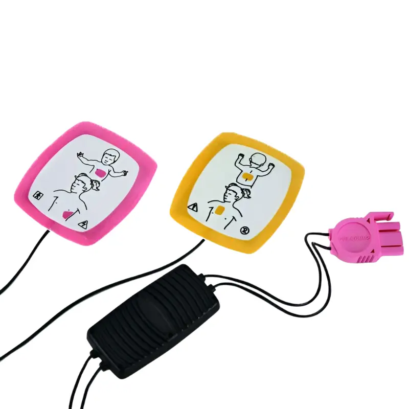 Electrodos pediátricos Physio-Control Lifepak Redipak con bordes rosa y amarillo, cables y conector rosa.